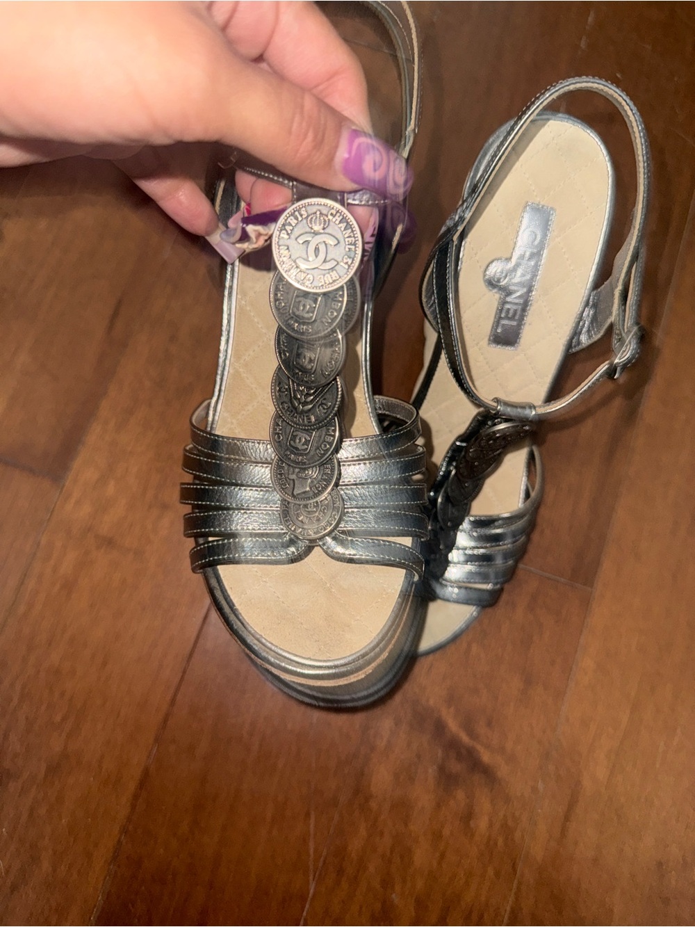 Chanel Metallic Silver Slingback Sandals with Coin Accent